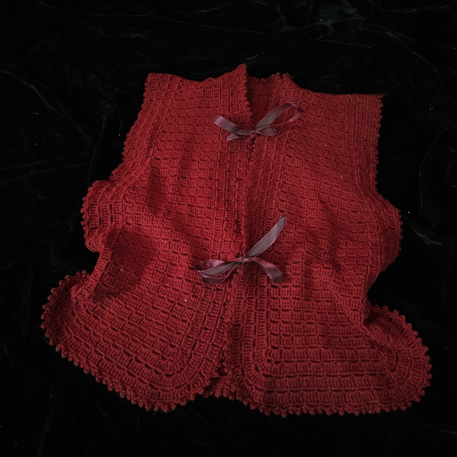Burgandy Red Crochet Antique Vest 1920s 1930s Art Deco Sweater Shawl Bow Ties…