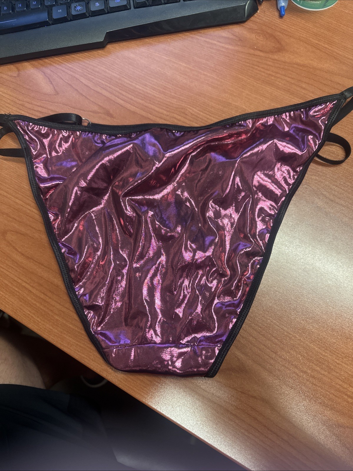 Vintage XL Thong Panties Double String Bikini Satin Lace, Shiny Detail, Y2K