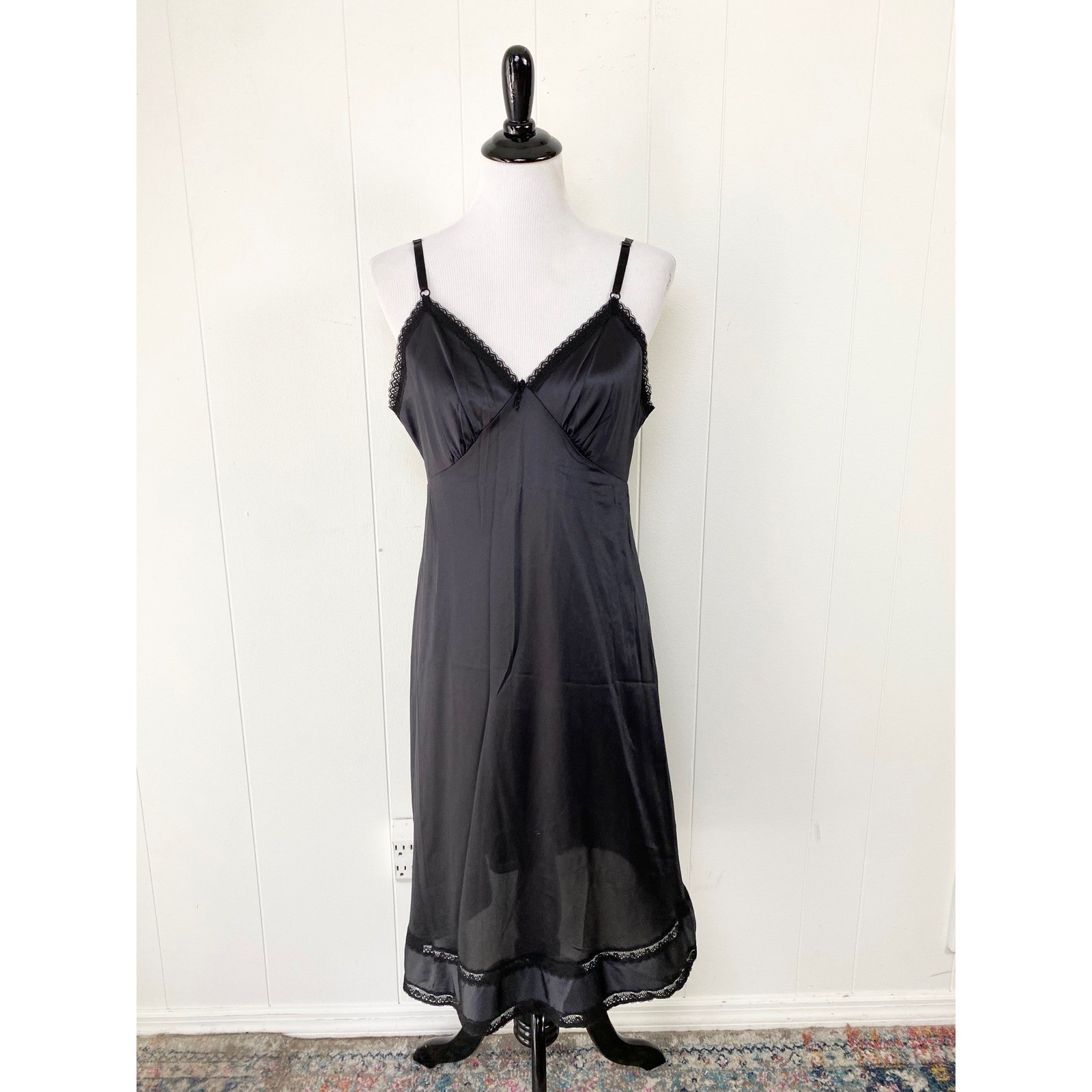 Vintage Sears Black Lace Trim Full Slip Antron III Nylon Size 38/M Made in USA