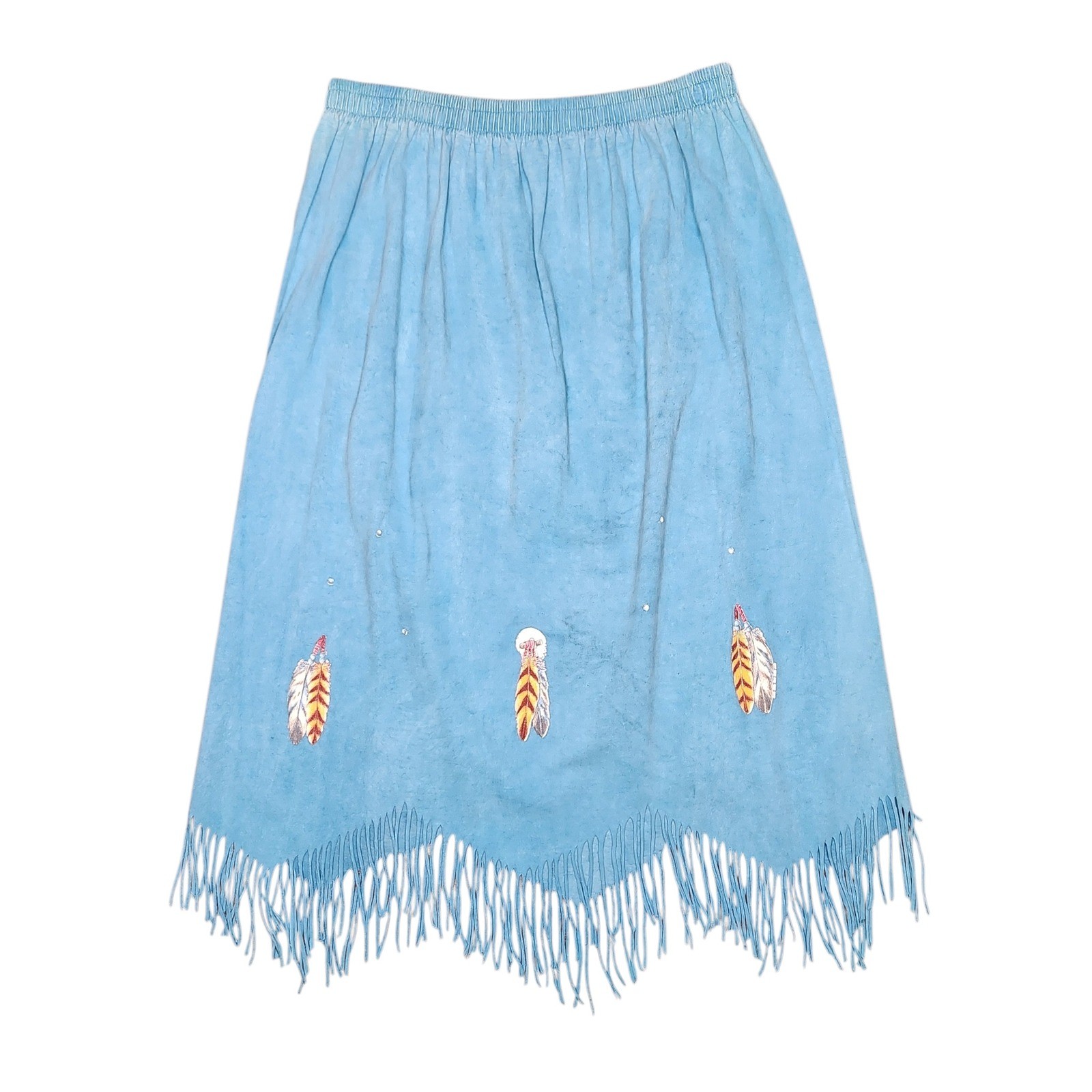 Vintage Blue Turquoise Fringed Midi Skirt Western Cowgirl Feather Boho 3X USA