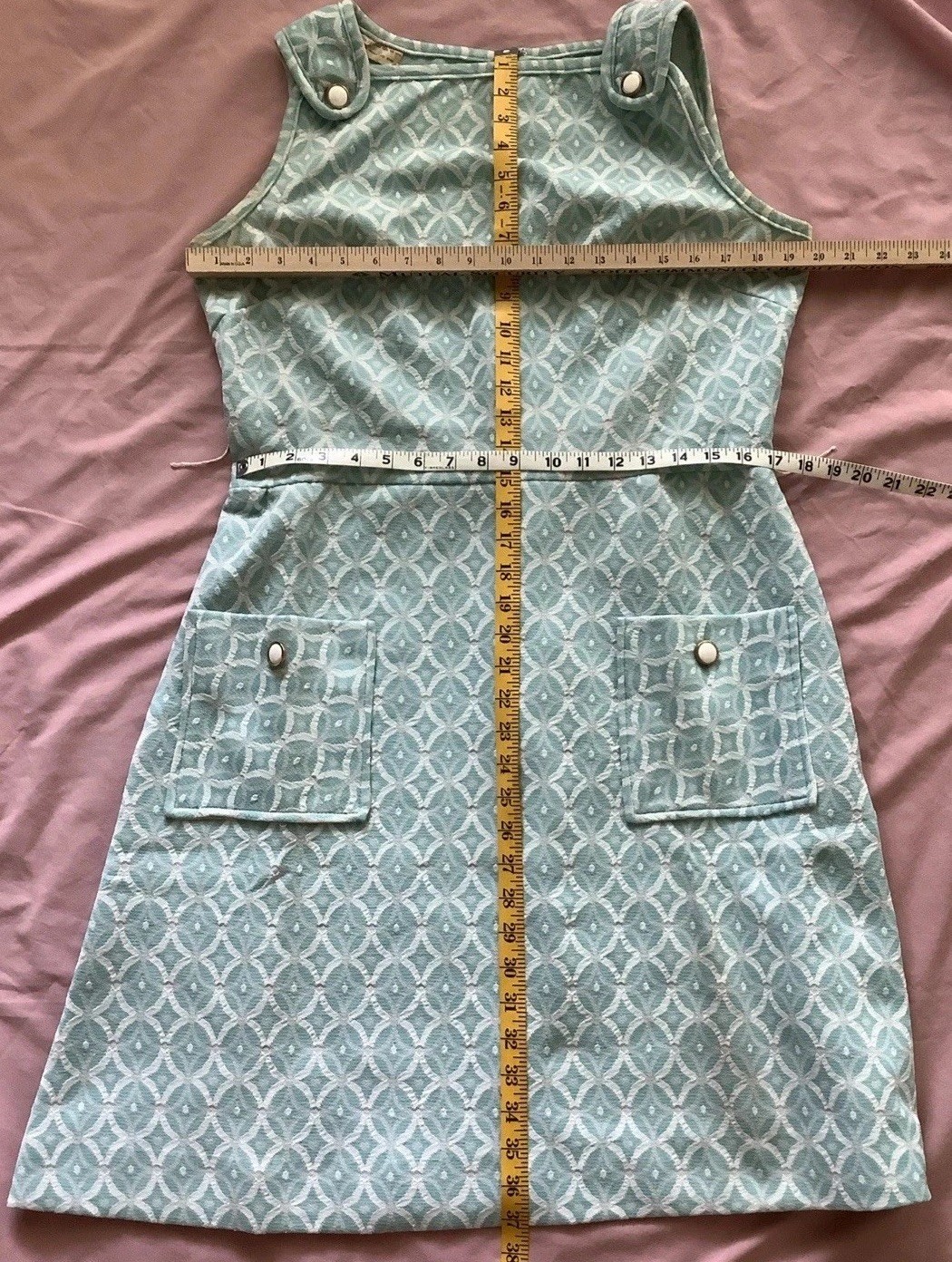 VTG 1960s Mod Baby Blue Geo Print Shift Dress Women’s Size 18 Sleeveless A-line