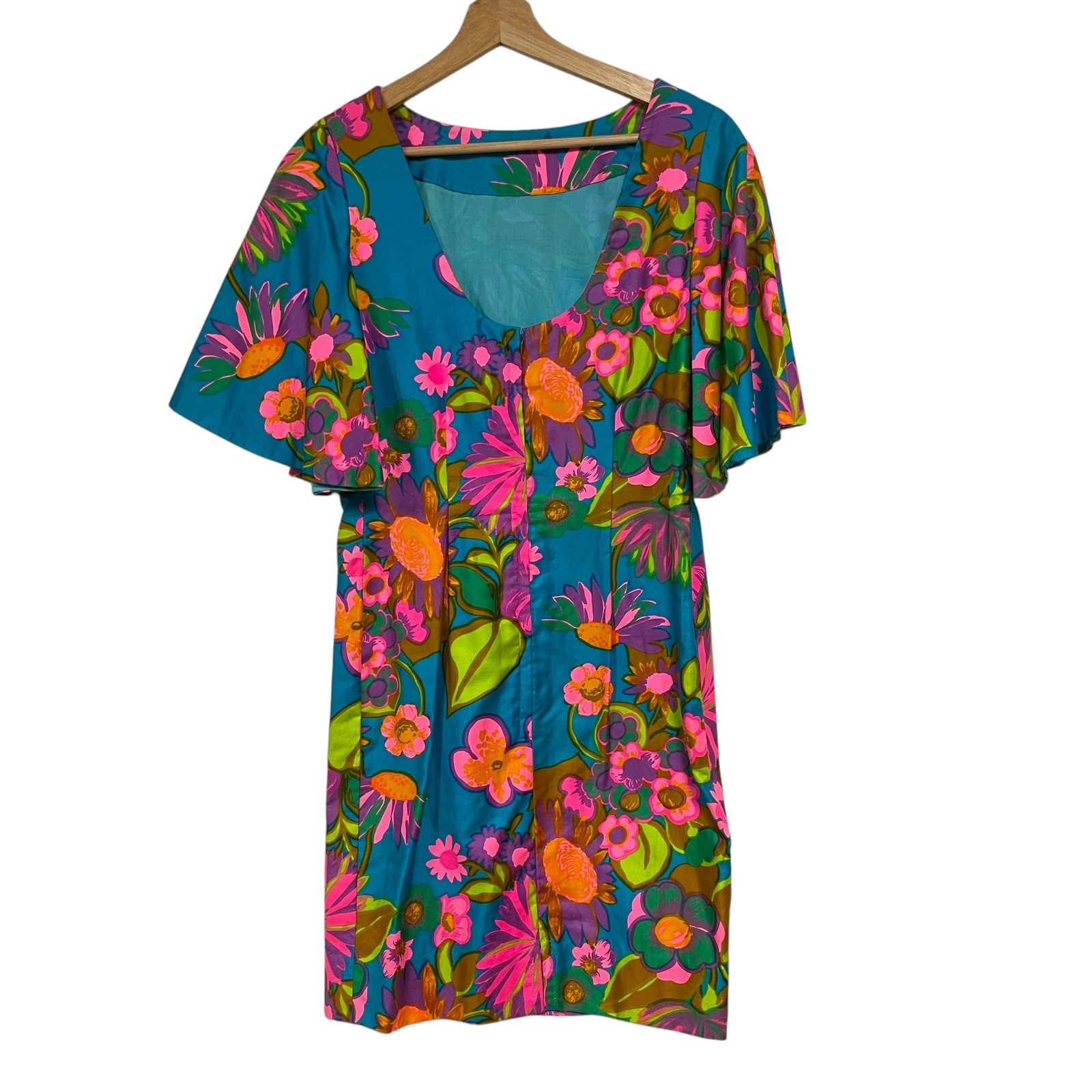 Vintage Sun Fashions of Hawaii Floral Mini Dress Teal Pink Flutter Sleeve 8 1386
