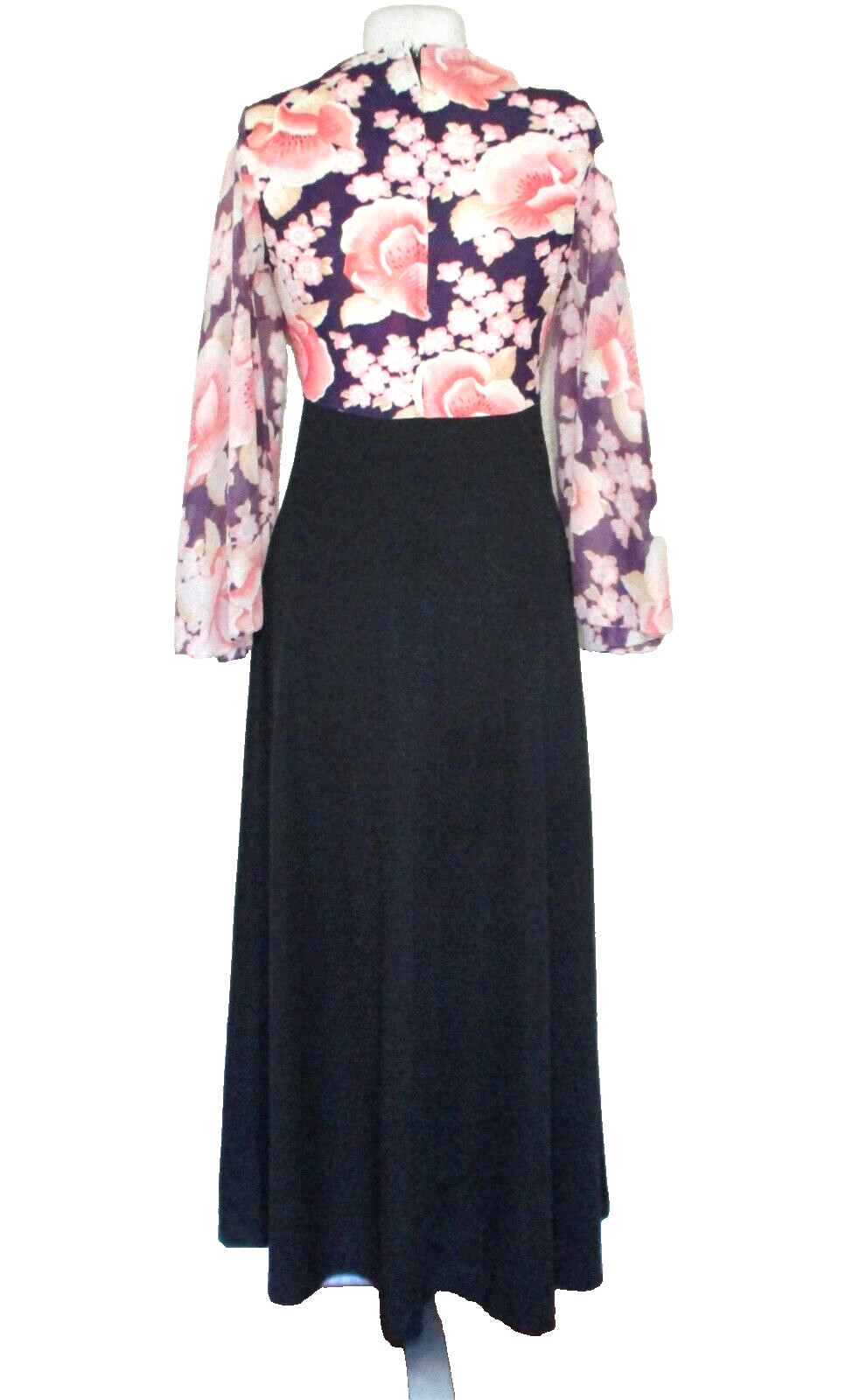 Vtg 70s Celara Knits Maxi Dress S Women Black w/ Floral Print Top Bell Sleeve