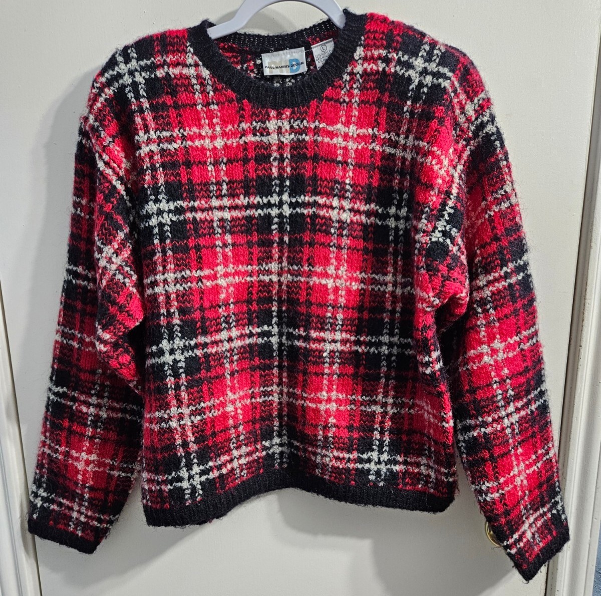 Vtg 80s PHD Paul Harris Design Large Red Plaid Pullover Sweater Mohair Blend