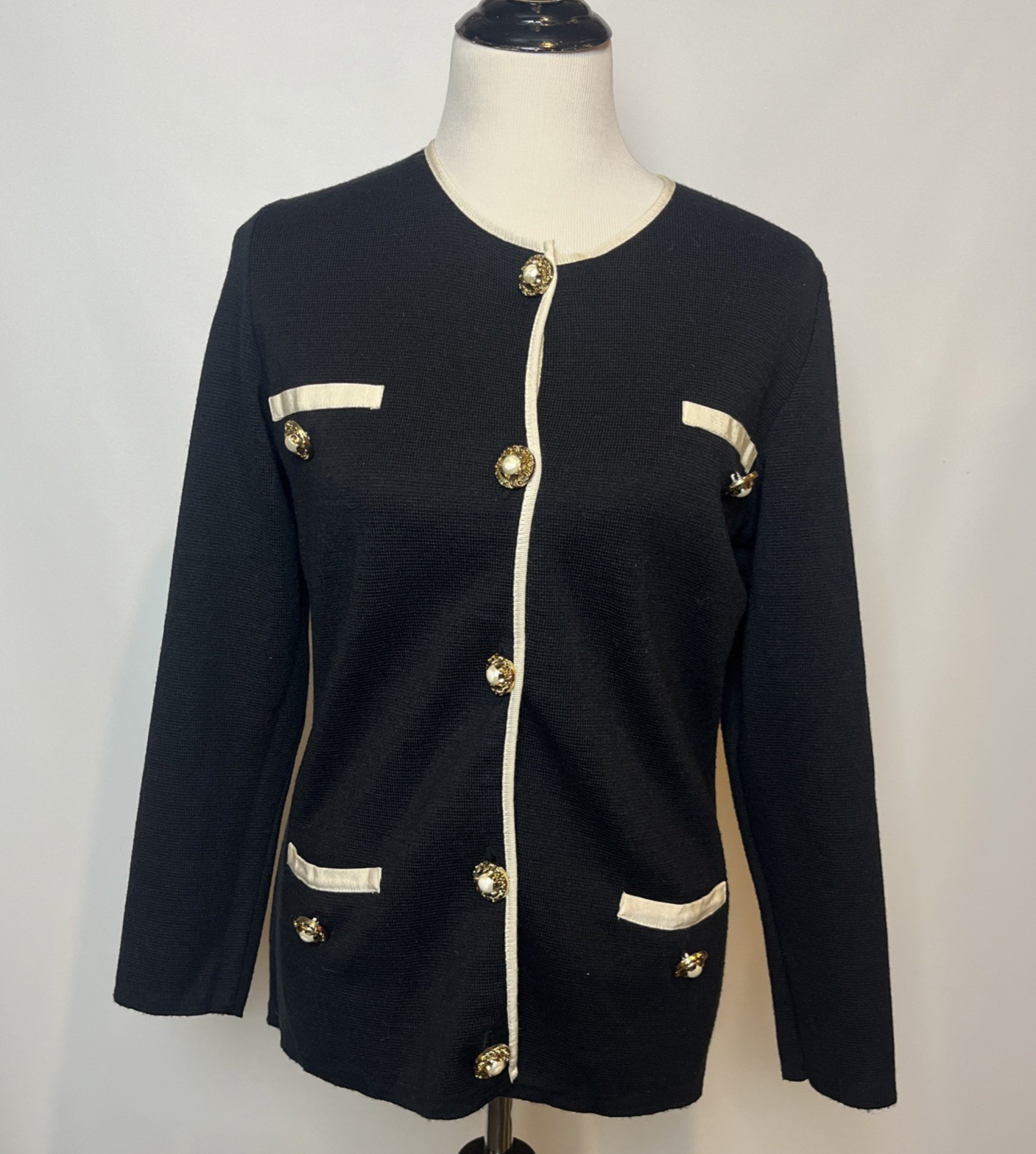 90s Preppy Black w/ White Trim Knit Longsleeve , Gold Buttons, Size S