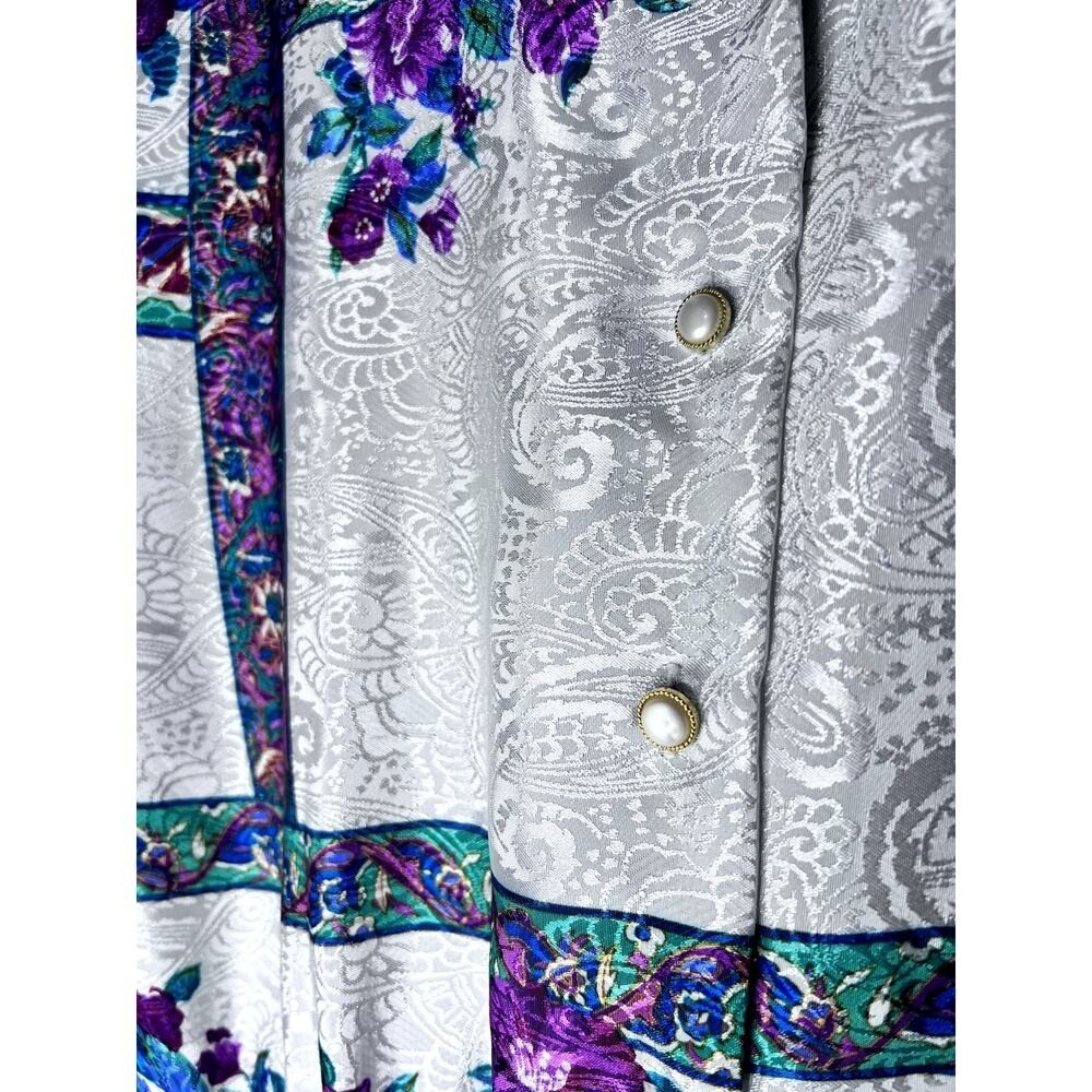 Vintage 80s Schrader Silver Purple Floral Satin Long Sleeve Midi Dress