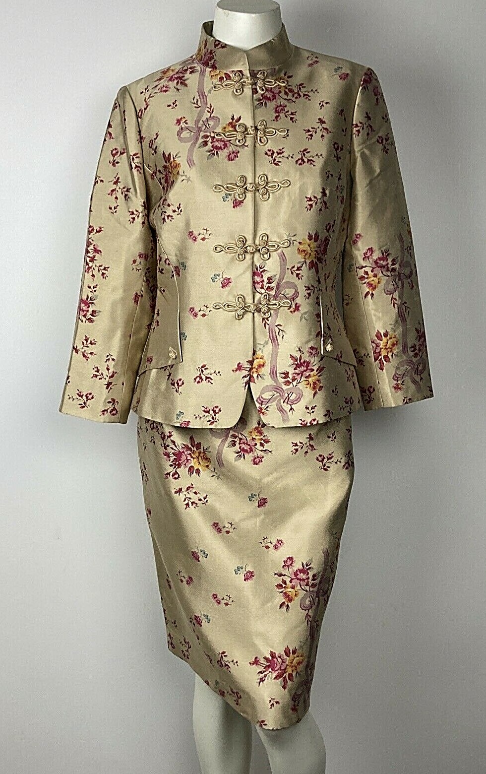 Teri Jon Rickie Freeman 8 Floral Ribbon Asian Silk /Wool Rose Gold Skirt Set