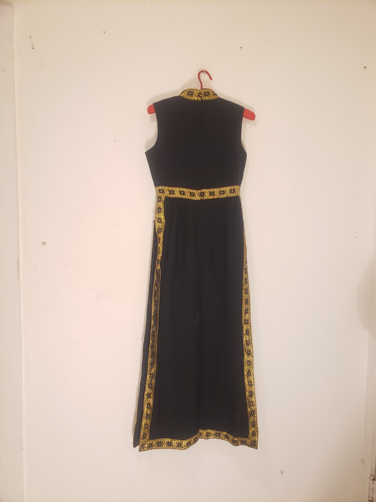 Vtg 60s 70s Grecian Style High Side Slits Maxi Dress Sz M AS IS Black Gold