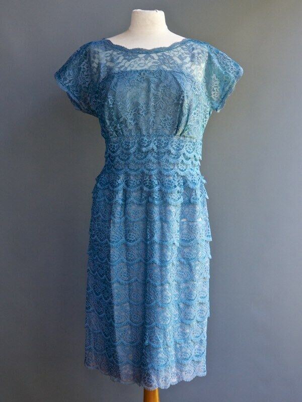 VTG 50s 60s Ferman O’Grady Blue Bombshell Pin Up Starlet Tiered Lace Dress L XL