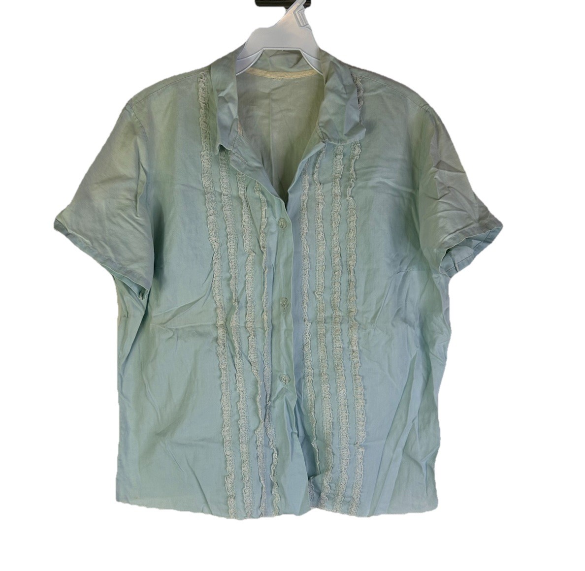Vintage 50s Button Shirt Top Womens Small Frill Ruffle Lace Cottage Mod