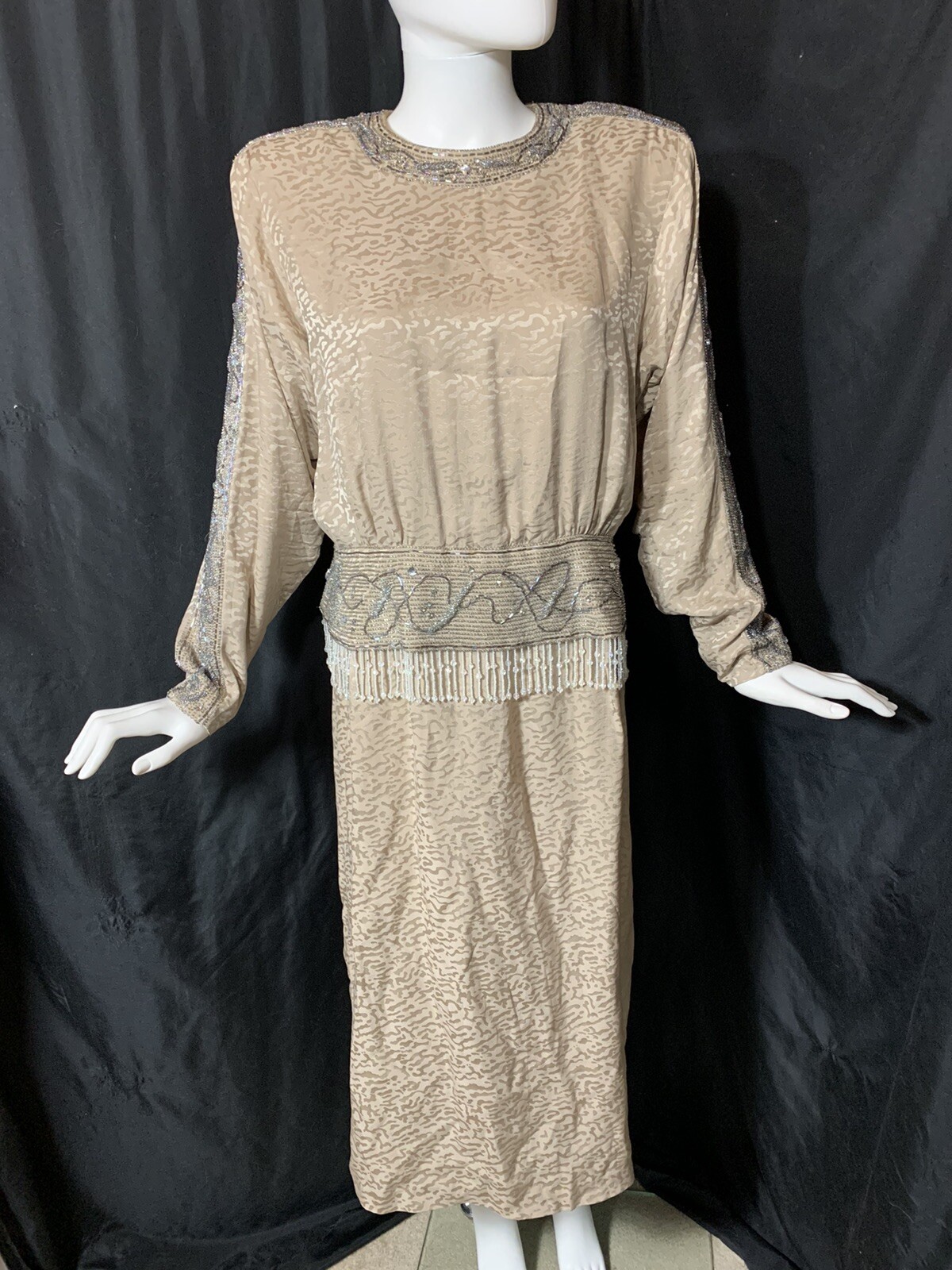 Vintage Heavy Beaded Dynasty Taupe Silk Dress Designer D’ore Animal Print Sz 14