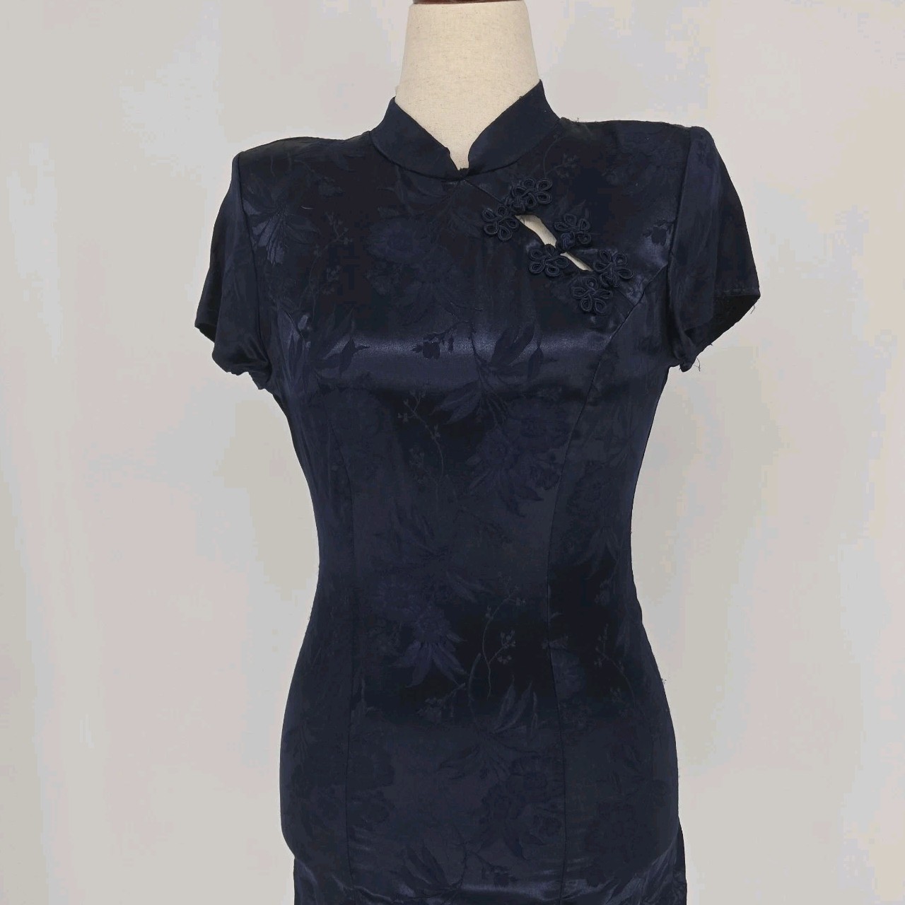 Vintage By Choice California Navy Blue Brocade Cheongsam Dress Size 7 USA Made
