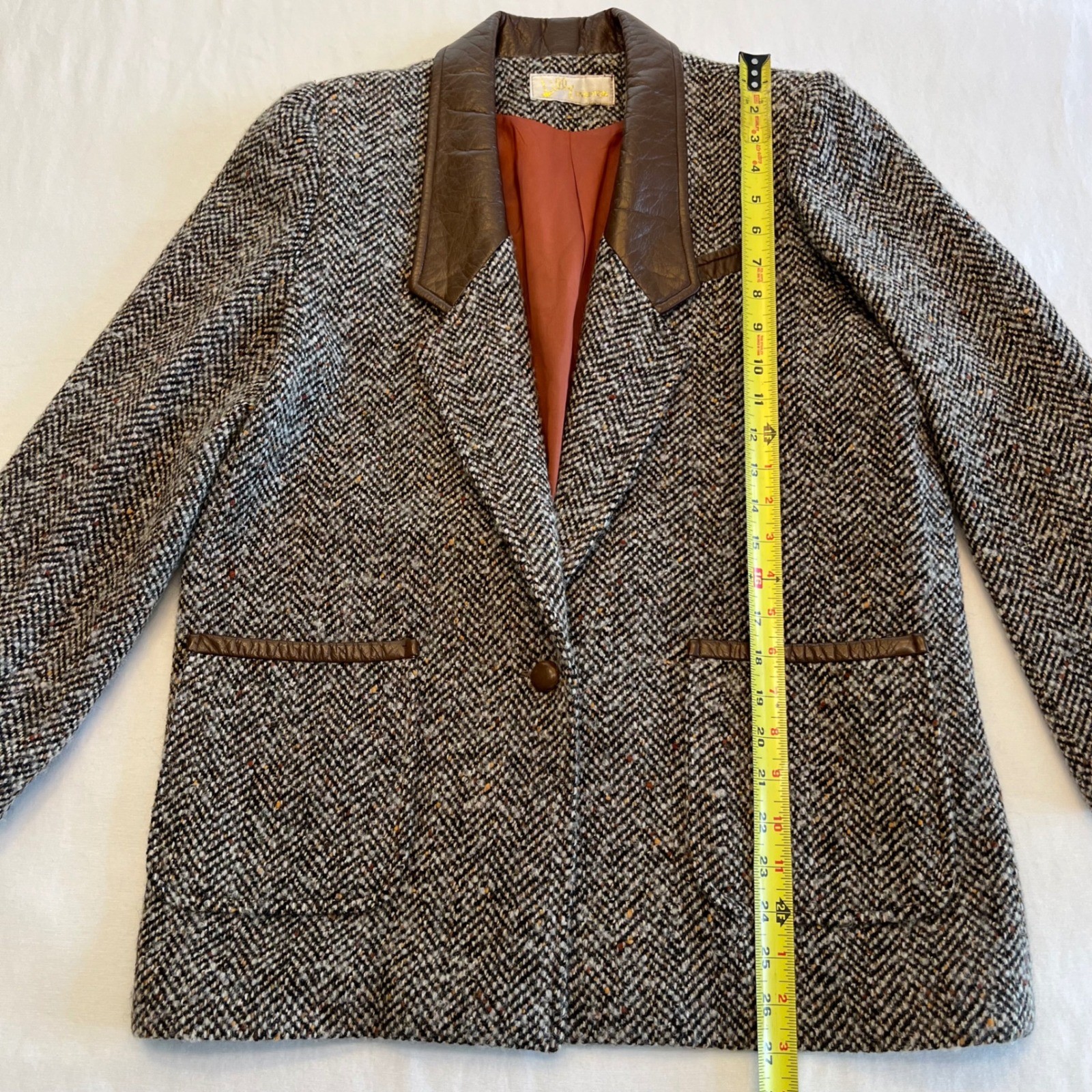 Lilly Fashion Women’s Vintage 80s Tweed Faux Leather Dark Academia Blazer Size M