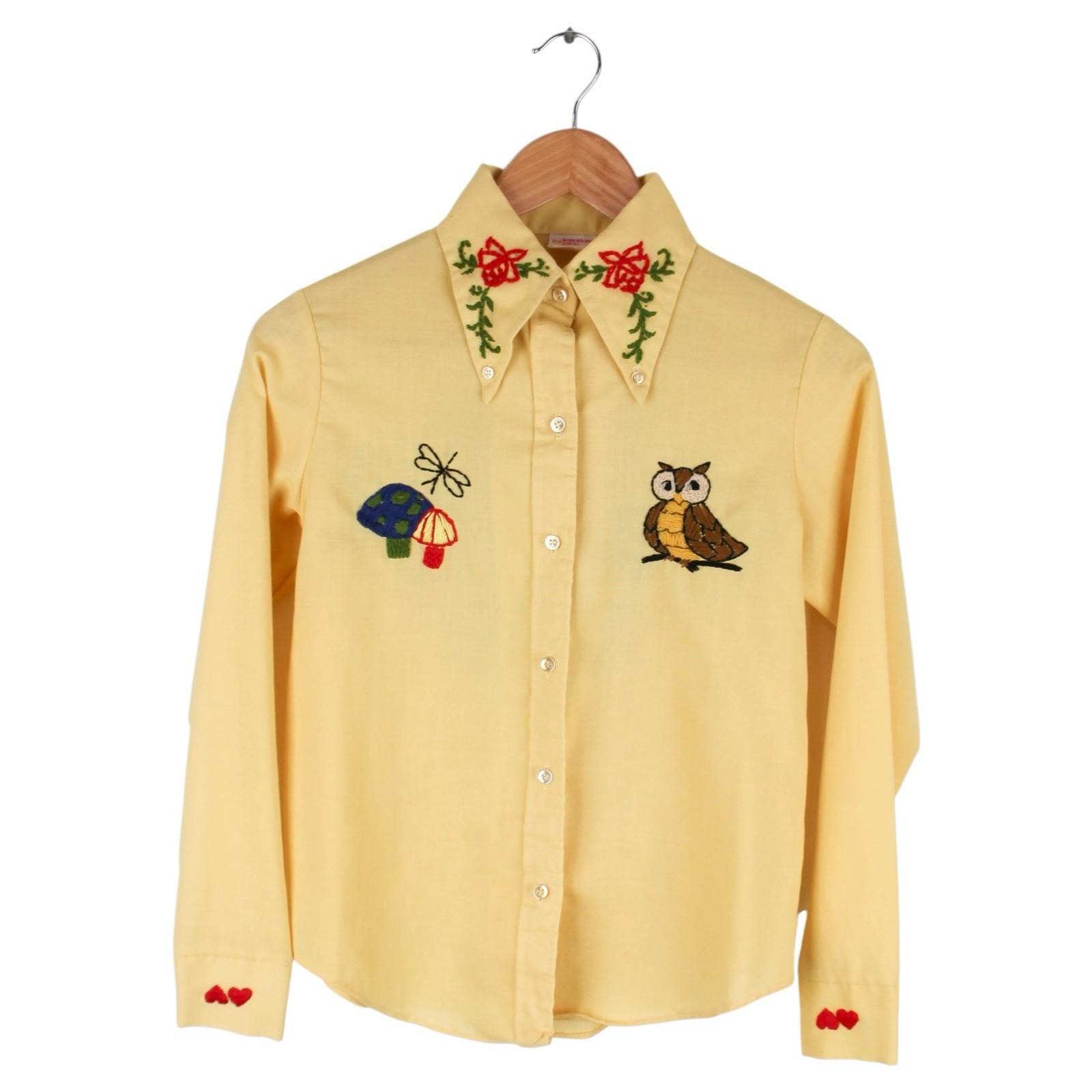 Vintage 70s Hand Embroidered Floral Owl Button Up Shirt Hippie Nature Size 14