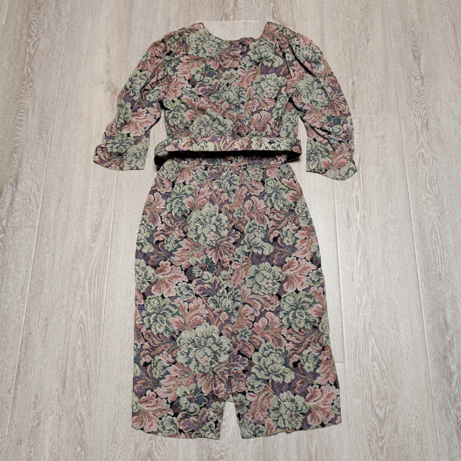 Vintage 80s Peri Petites Floral Tapestry Midi Dress Belted Button Bib Made USA