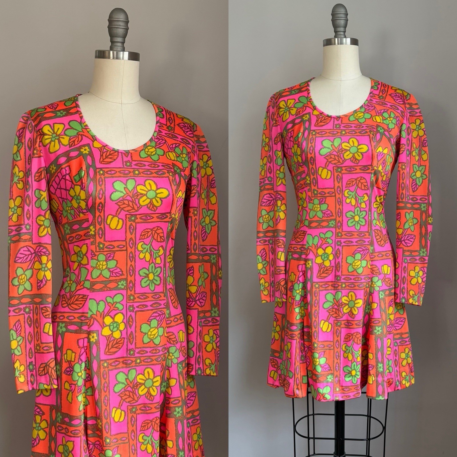Vintage 1960’s Mod Flower Power Hot Pink Mini Dress Size XS