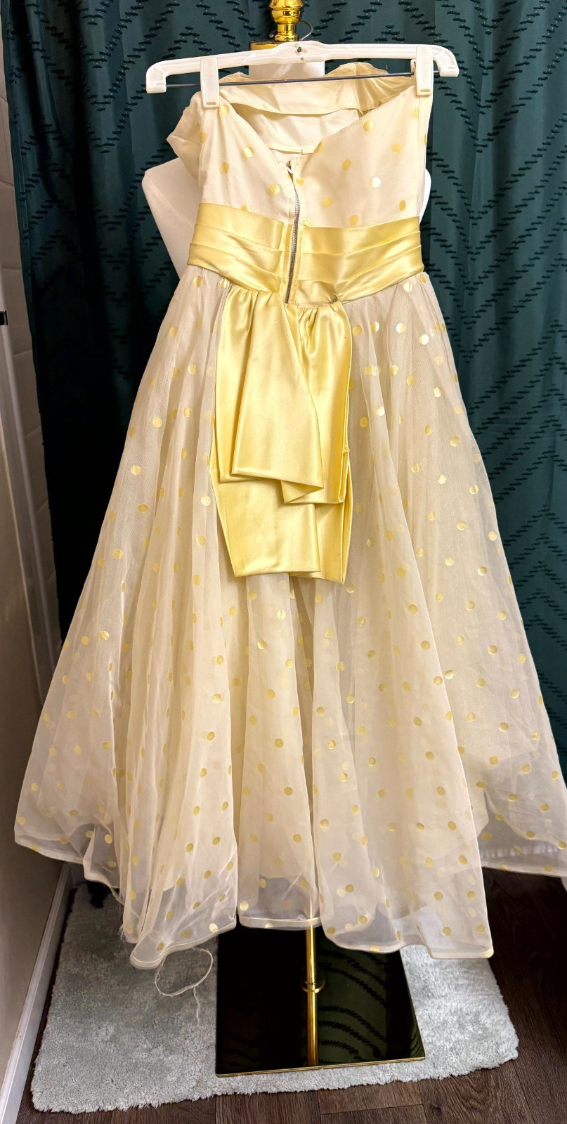 Vintage 1950s White Dress Yellow Polka Dots Tulle Chiffon Union Made
