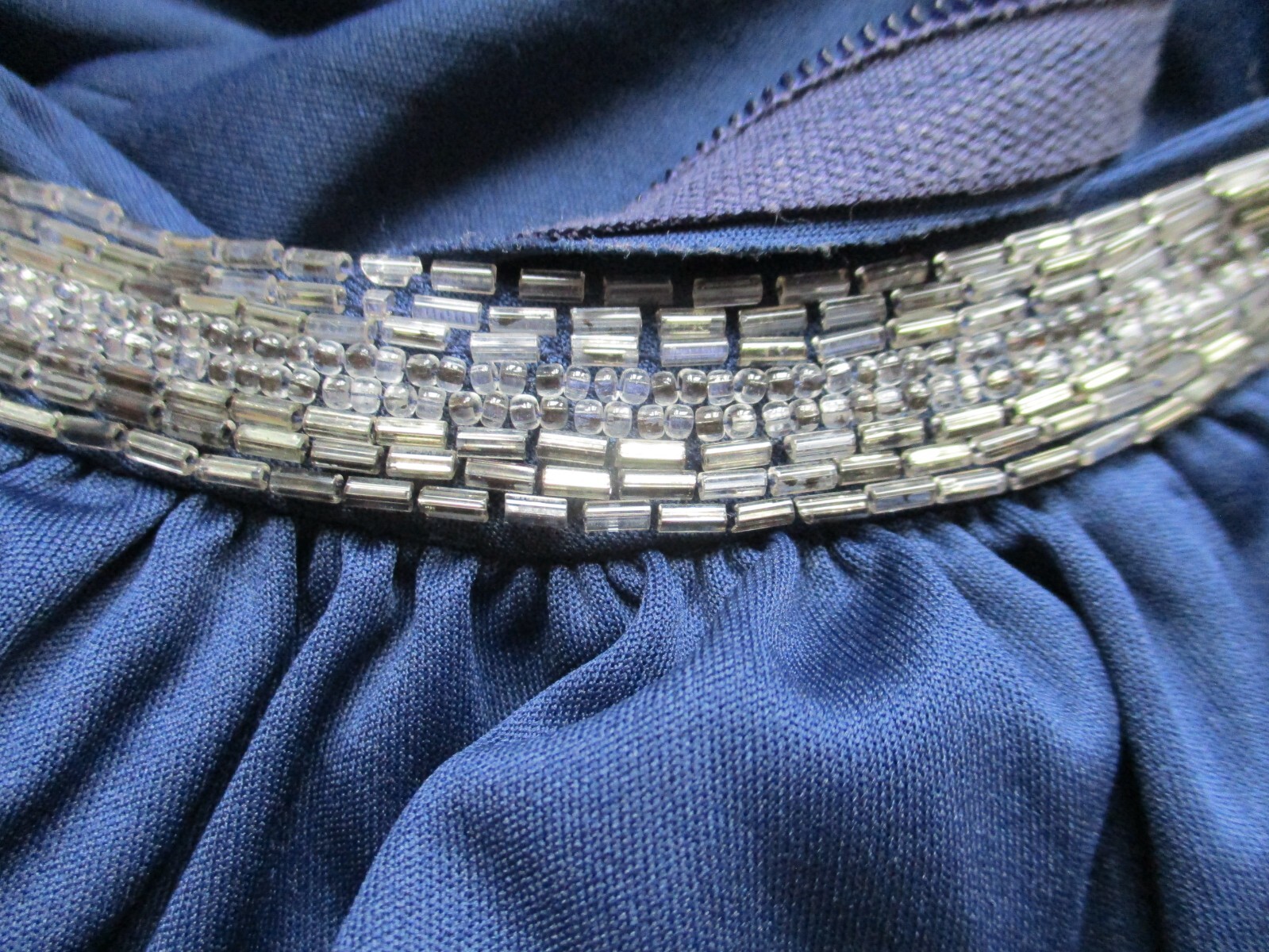 Vintage 70s Maxi Dress Evening Gown S/M Women Indigo Blue Beaded Halter Neck