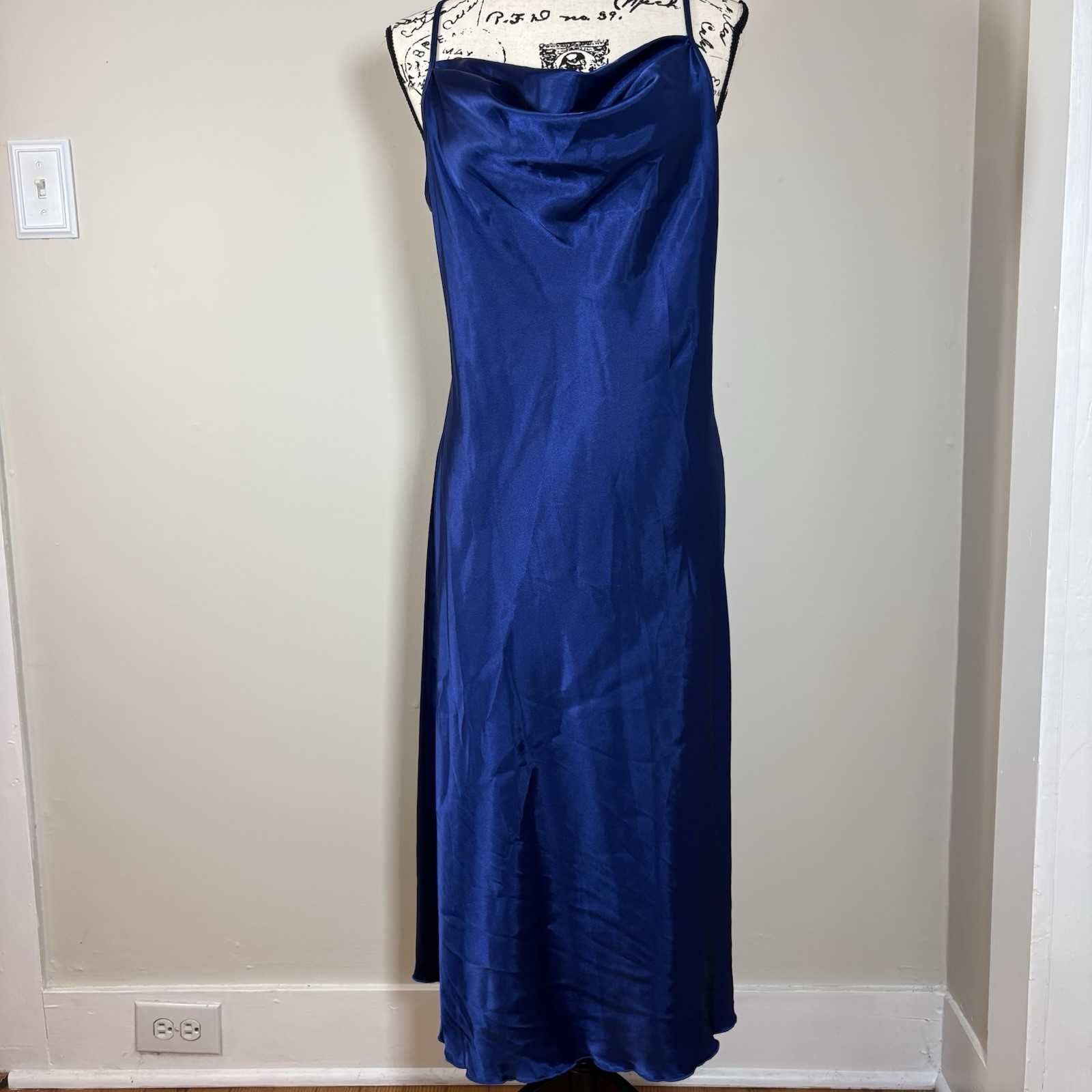 Vintage 90s Bebe Royal Blue Satin Cowl Neck Midi Slip Dress Size L