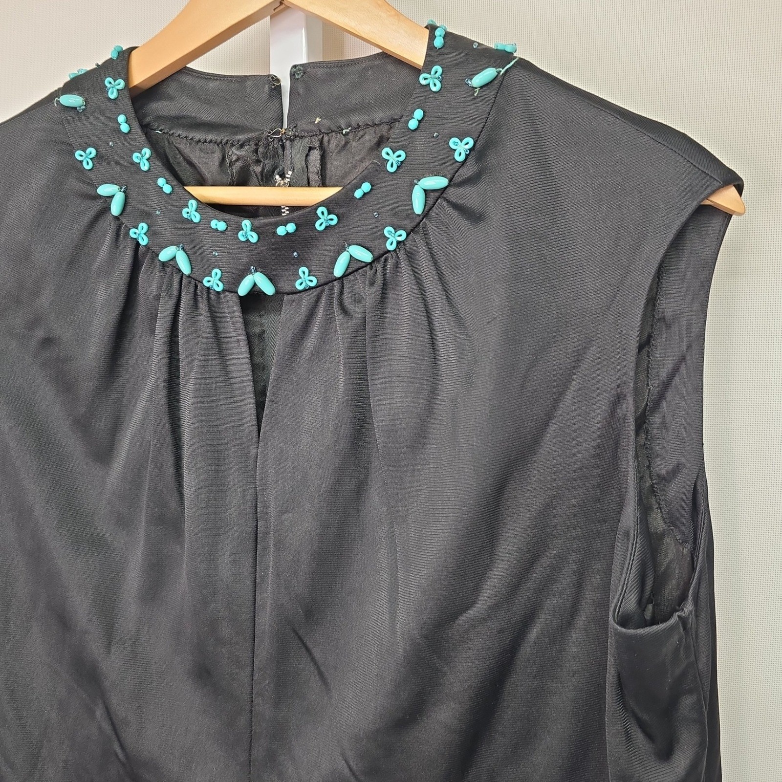 Vintage Black Sleeveless Mini Dress Turquoise Beaded Neckline Mod Cocktail
