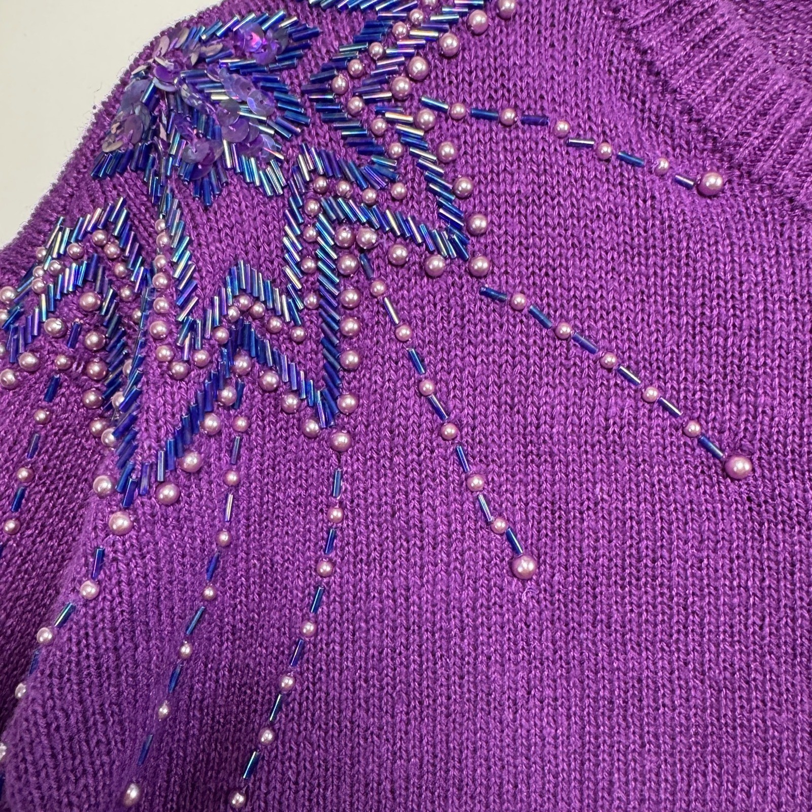 Beautifully Mine Vintage Purple Beaded Sequin Sweater Ramie Cotton Womens Large