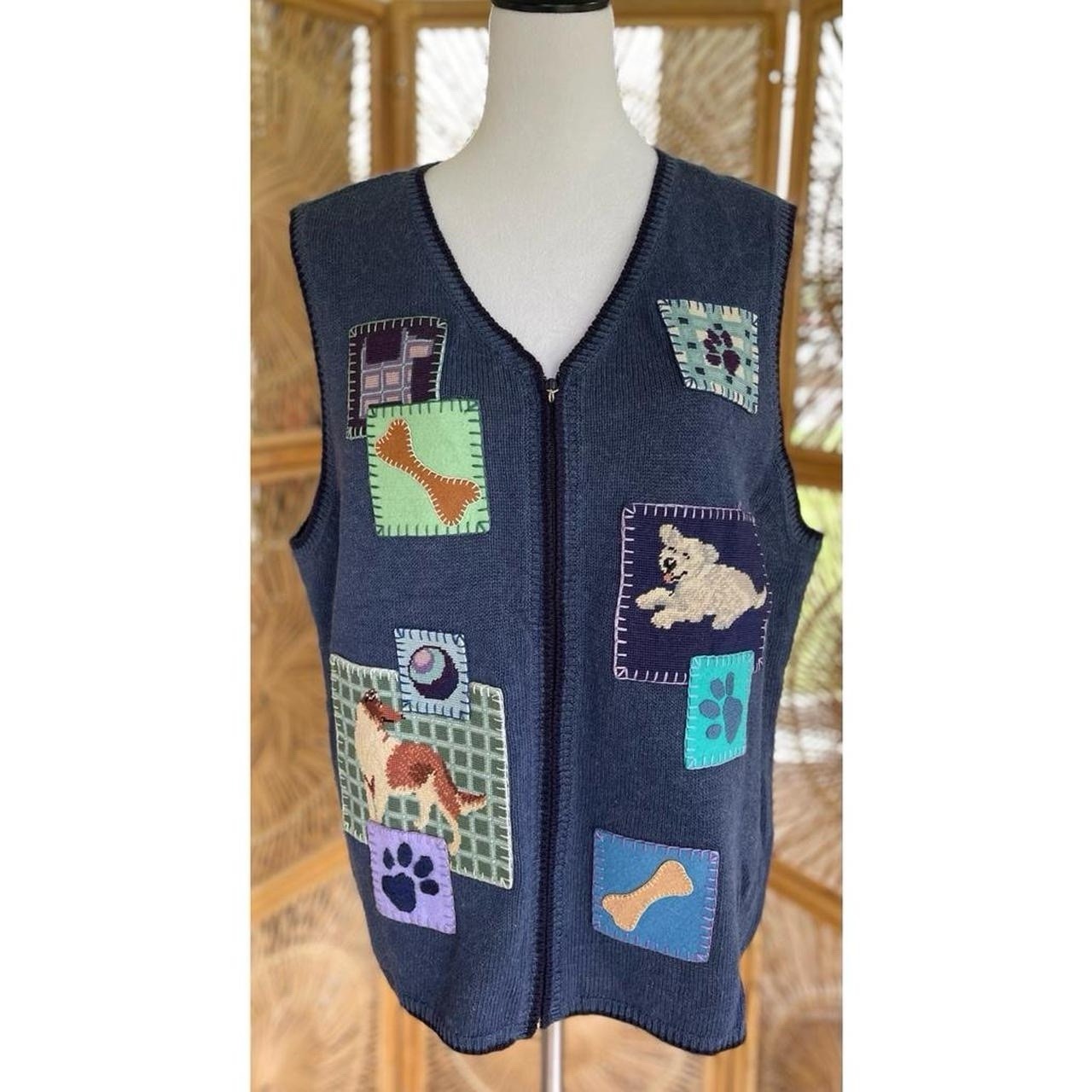 Eagle’s Eye Blue Knit Embroidered Cross Stitch Dog Zippered Sweater Vest Granny