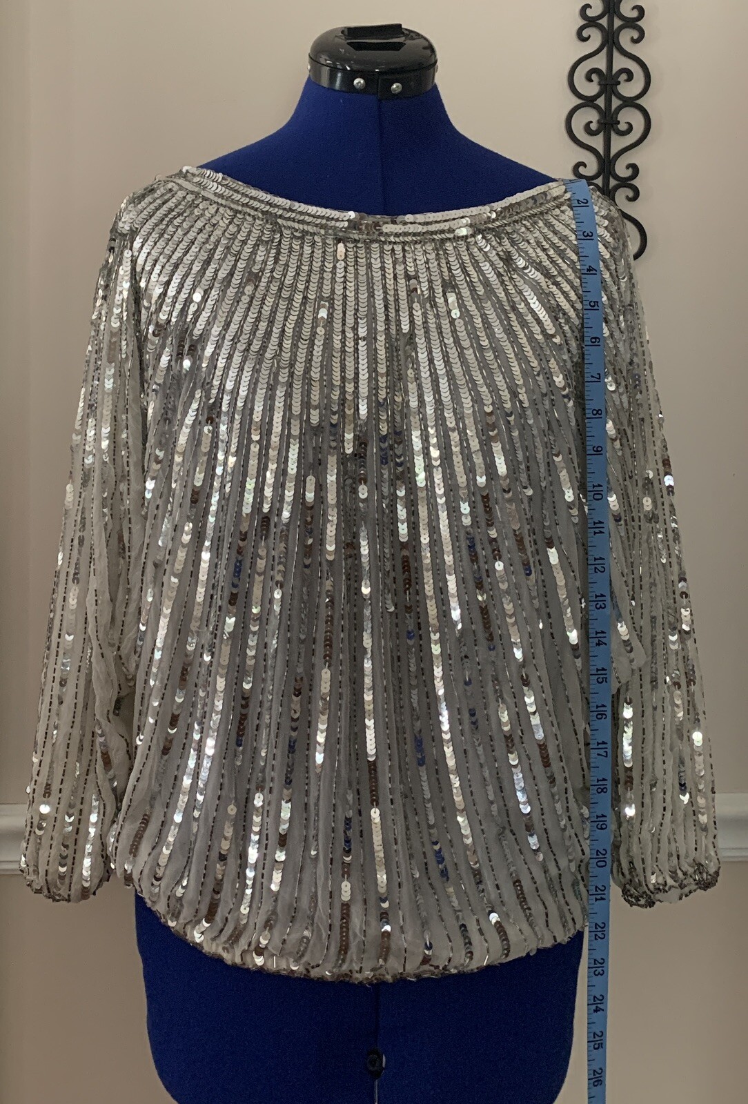 Vintage Three Flaggs 100% Silk Beaded Sequin Top Silver Color Size M