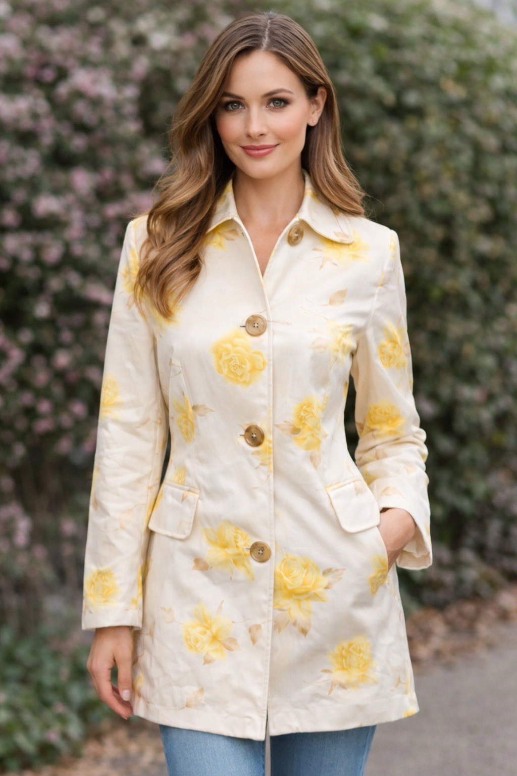 Vintage 2004 Banana Republic Ivory yellow rose trench coat Sz XS Button Light