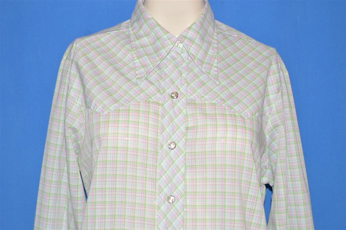 vintage 70s MAVERICK PLAID GREEN PINK COWBOY PEARL SNAP WOMEN’S SHIRT SZ 40