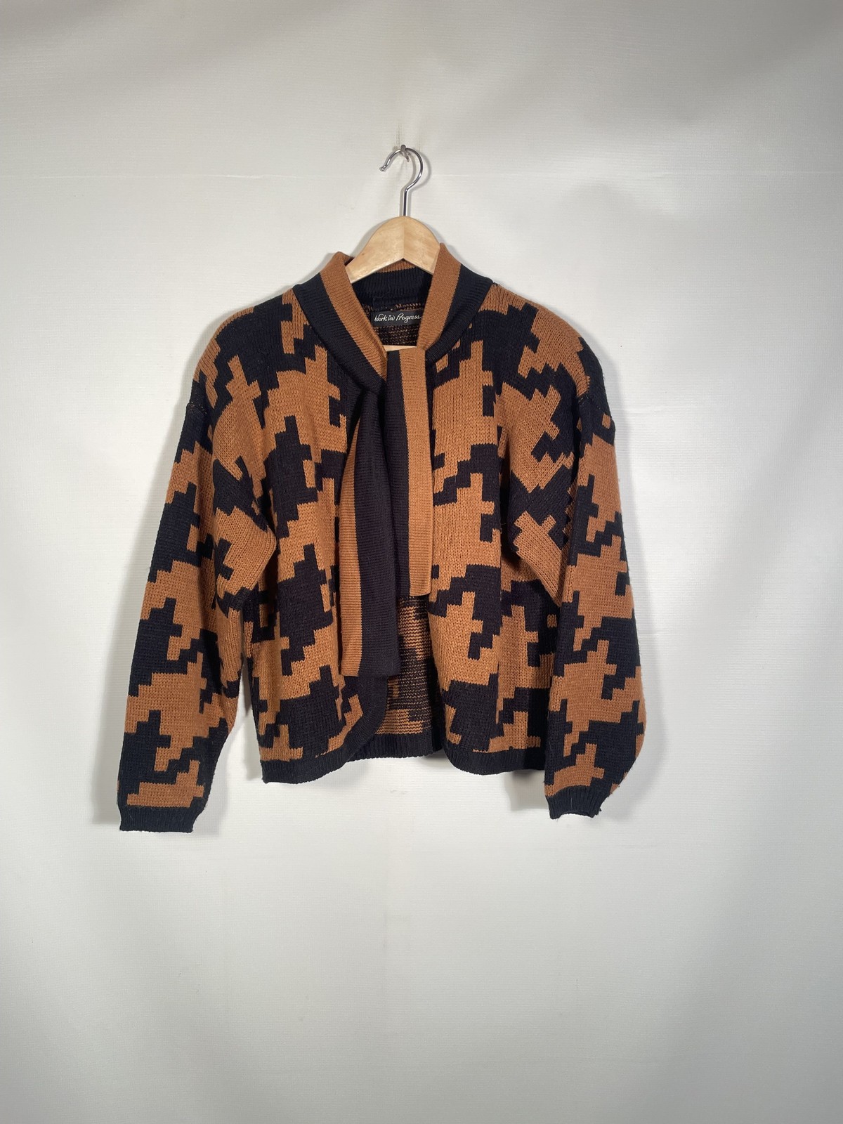 Vintage 1980s Brown Houndstooth Cardigan With Attached Collar Tie Size M