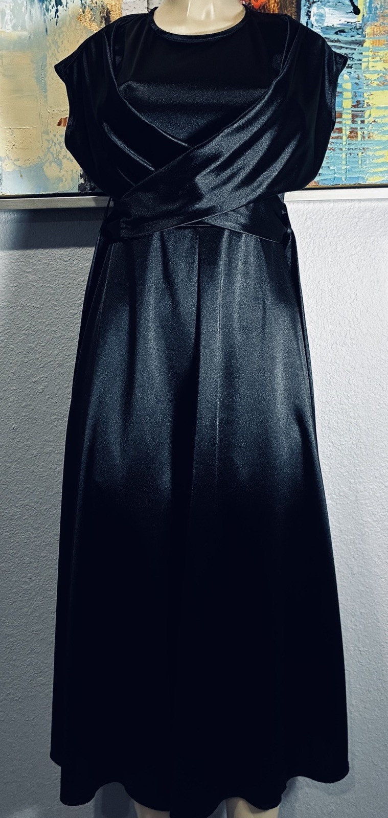 Vtg Black Shiny Spandex Wrap Front Long Dress S