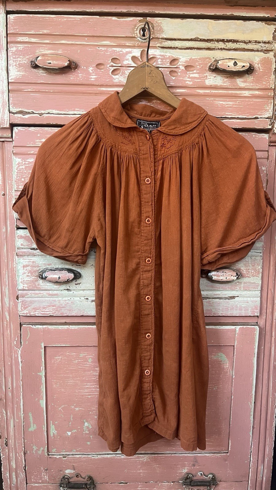 Vintage 70s India Cotton Gauze Embroidered Puff Sleeve Orange Rust Tunic Blouse