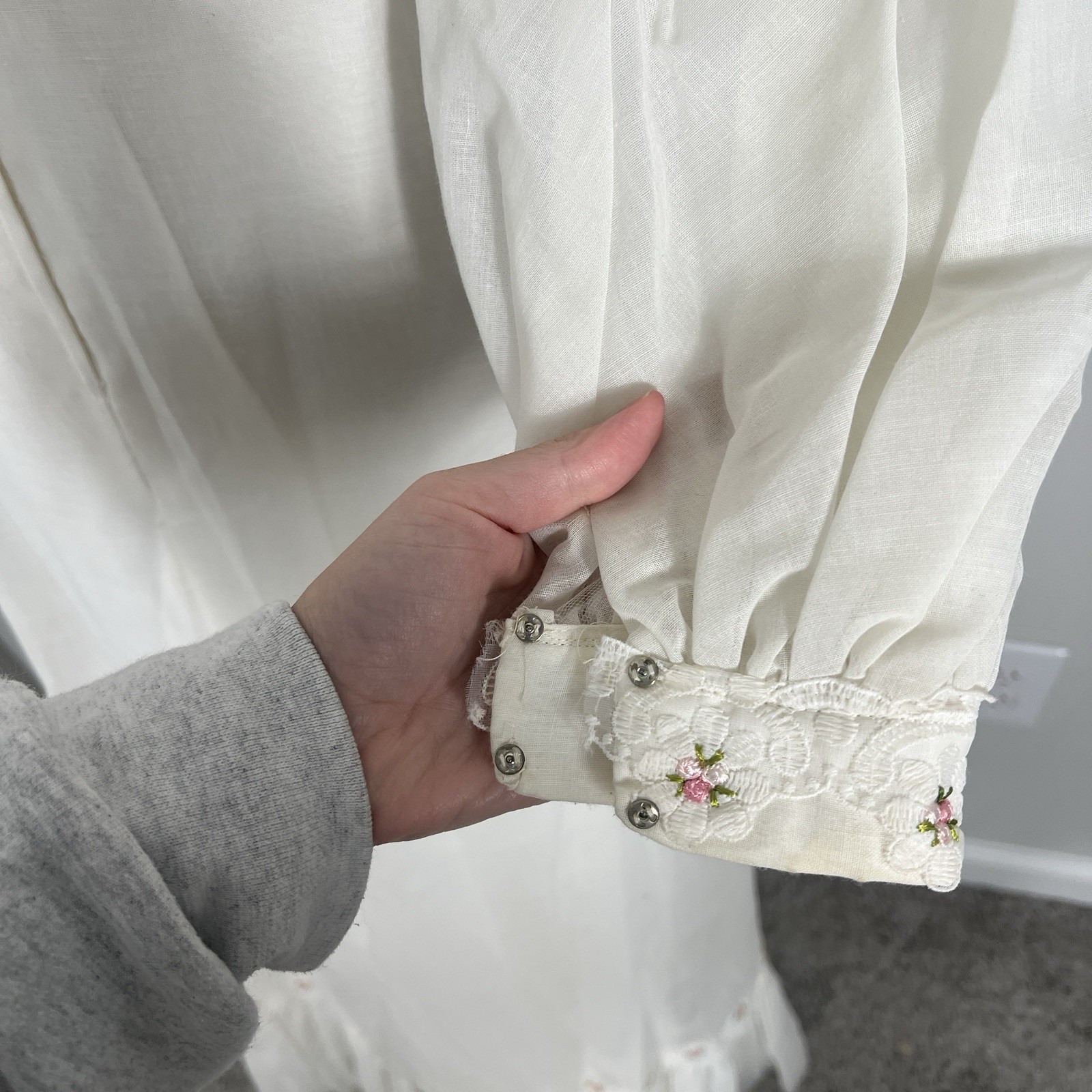 Vintage 1970’s Wedding Dress White Pink Rose Details Prairie Cottage Modest