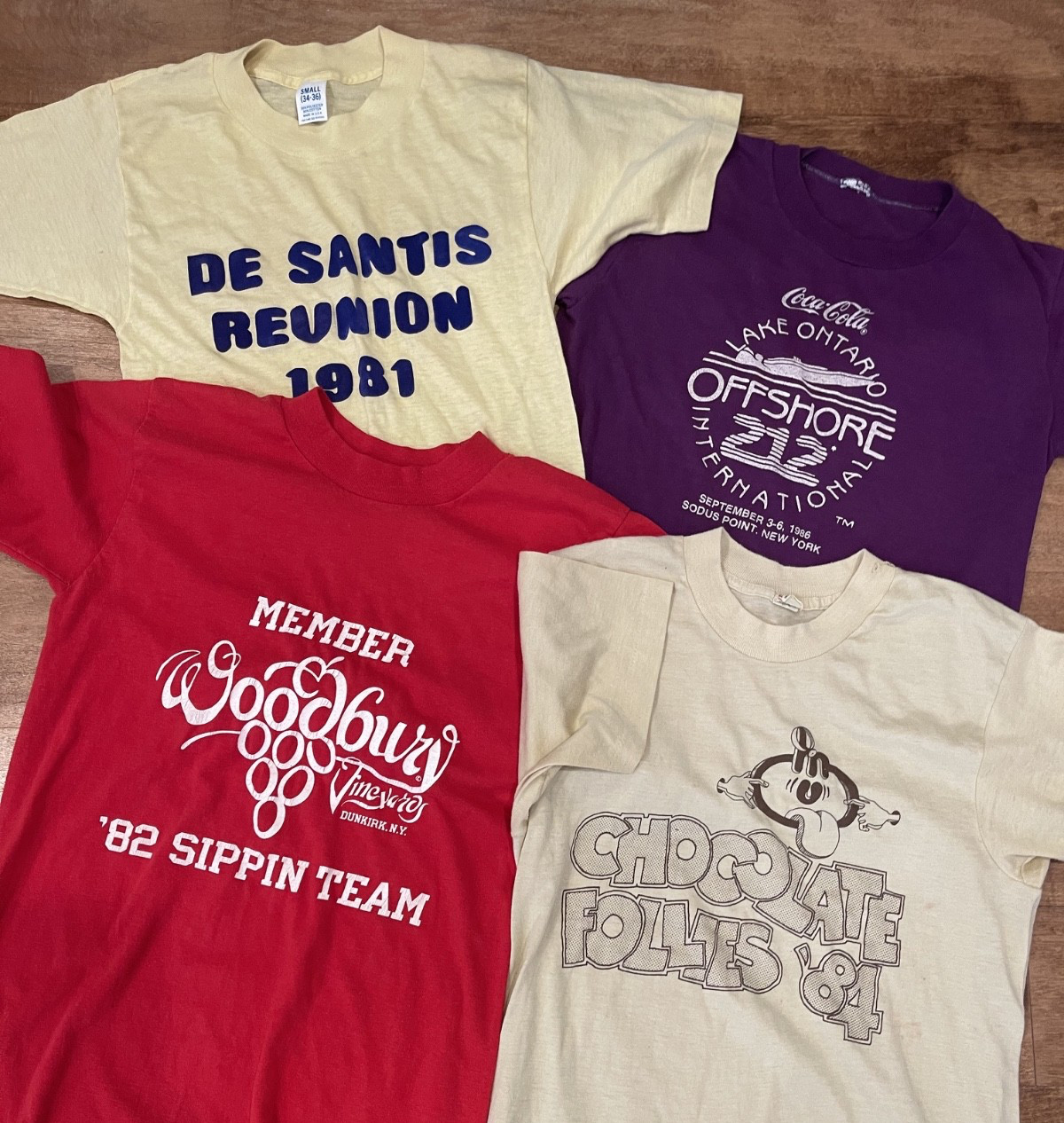 LOT (4) cute 80’s vintage T-SHIRTS tees DeSantis Wine Tour Boat Race Small S XS