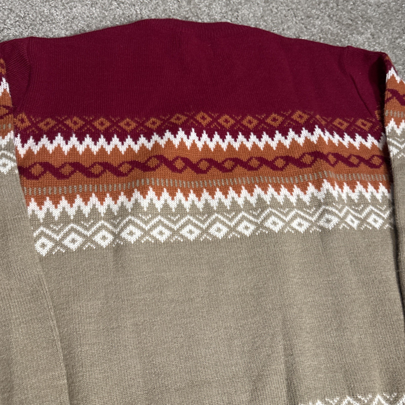 Vintage 1970s Sigallo Geometric Pattern Red Orange Acrylic Knit Sweater Boho Med