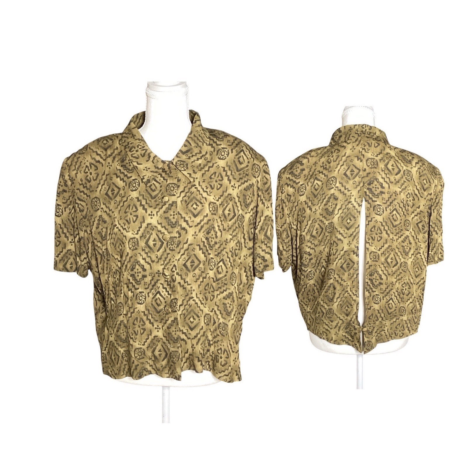 Vintage Miss Dorby Geometric Print Blouse Womens 16 Olive Green Boho Grunge