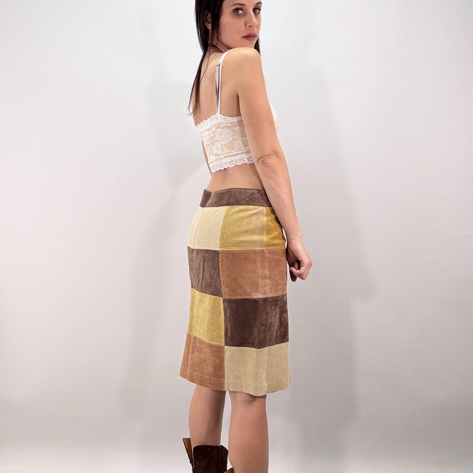 Vintage Y2k Leather Pencil Skirt M Blue Asphalt Patchwork Suede Skirt Boho Retro