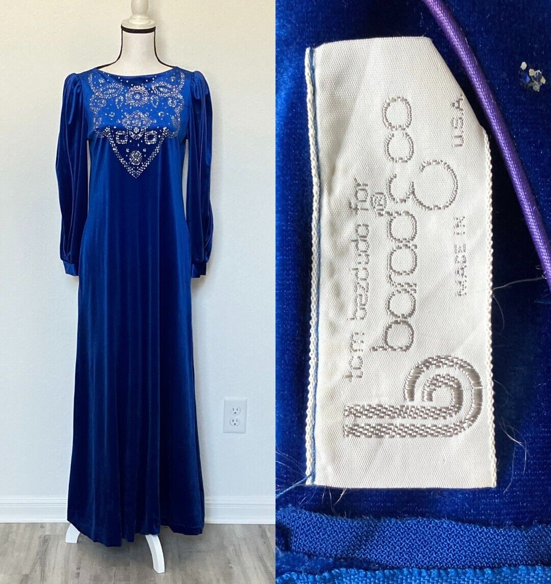 1970s Cobalt Velvet Maxi Dress, Medieval Style with Glitter Gown