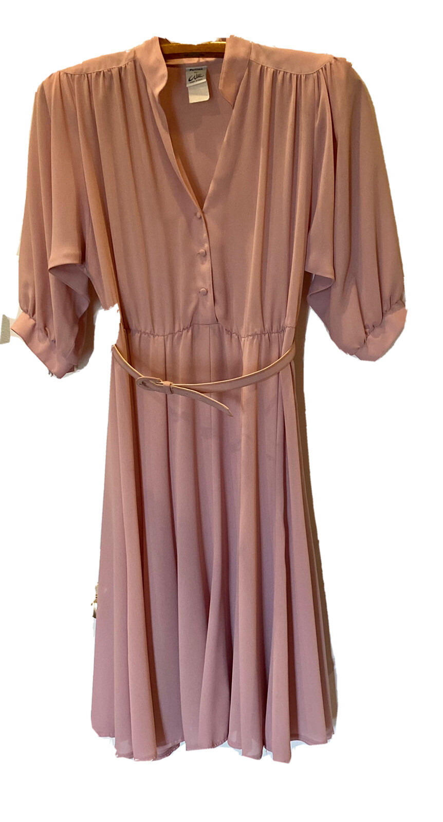 Vintage 1980’s Petites By Willi Pink Belted Secretary Dress Women’s W/ Nylons