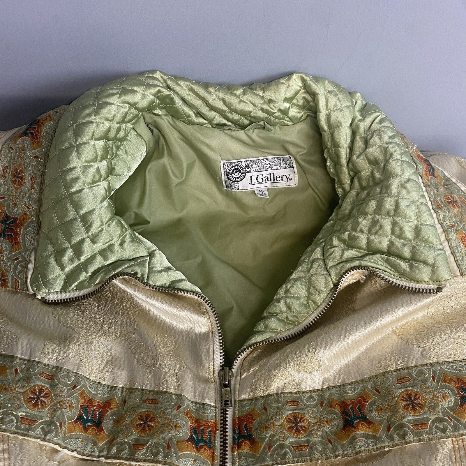 Vtg J. Gallery Puffer Jacket Coat Medium Beige Green Retro Bomber 80s Flaw