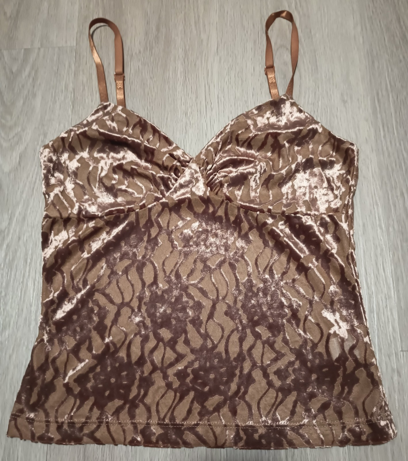 Vtg 80s Gold Brown Sheer Velvet Burnout Cami Top S M
