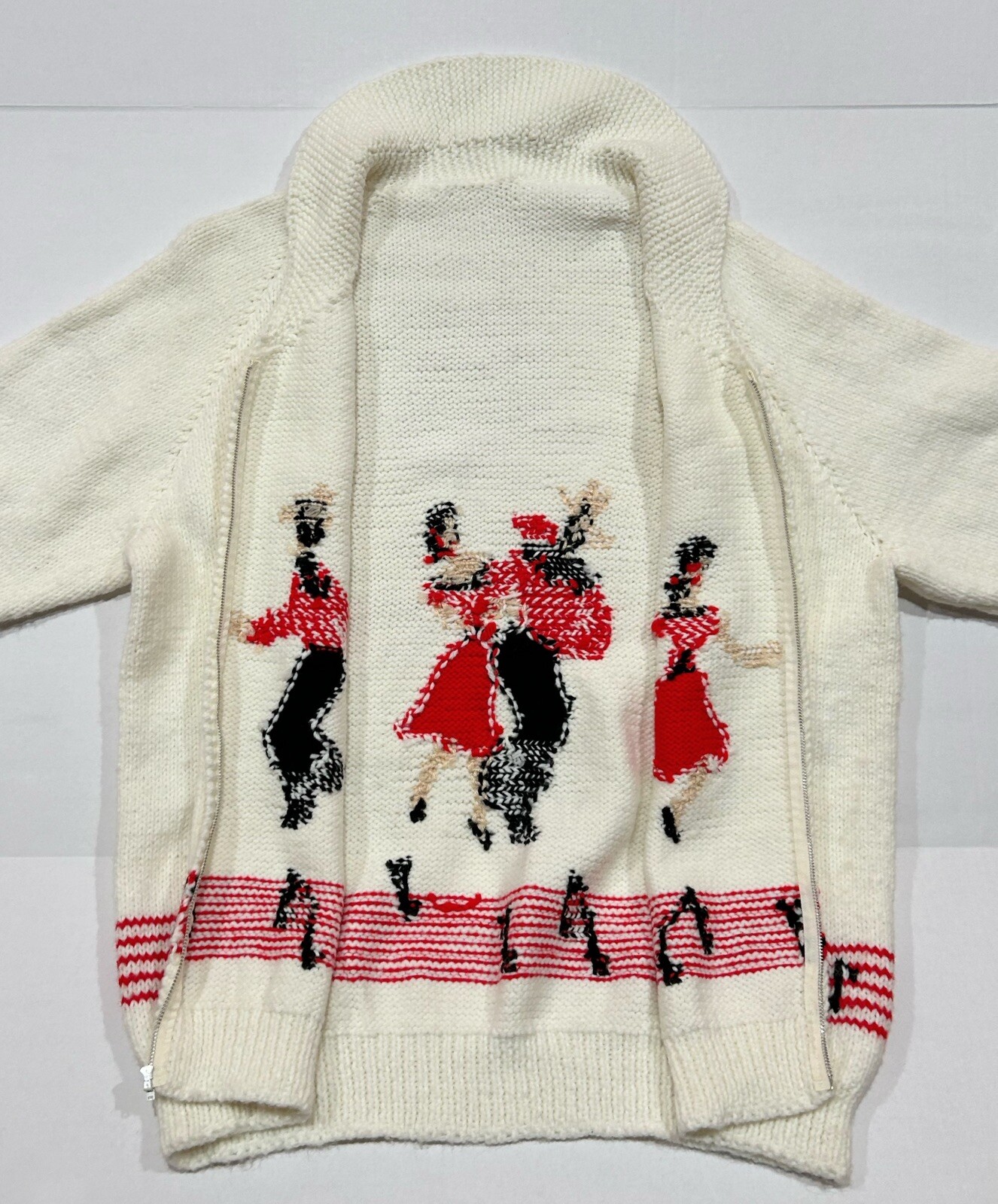Hand Knit Cowichan Sweater Square Swing Dance 50s Style Full Zip Sz XL ? *READ