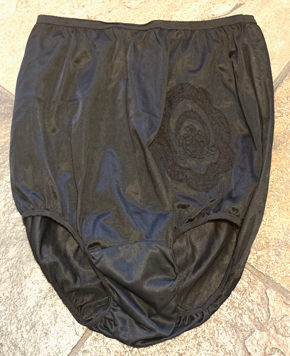 CAROL ANNE Medium Black SATIN Embossed Flower Sheer Panties No Gusset VINTAGE