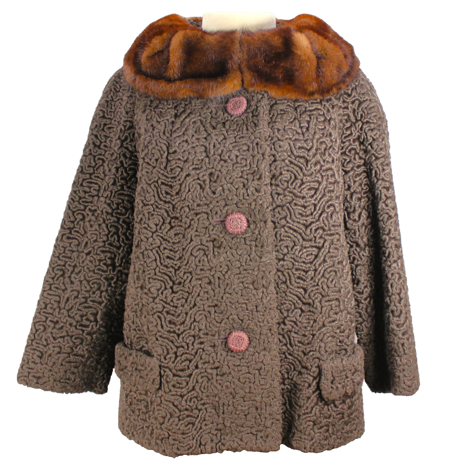 Vtg 50s Sportowne Astrakin Faux Curly Lamb Swing Coat Real Mink Collar Sz M