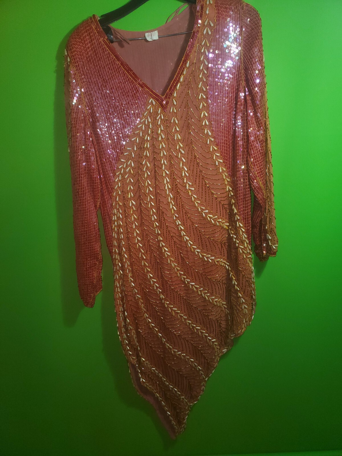 Vintage silk rayon sequin imitation pearl party , club dress color reddish and