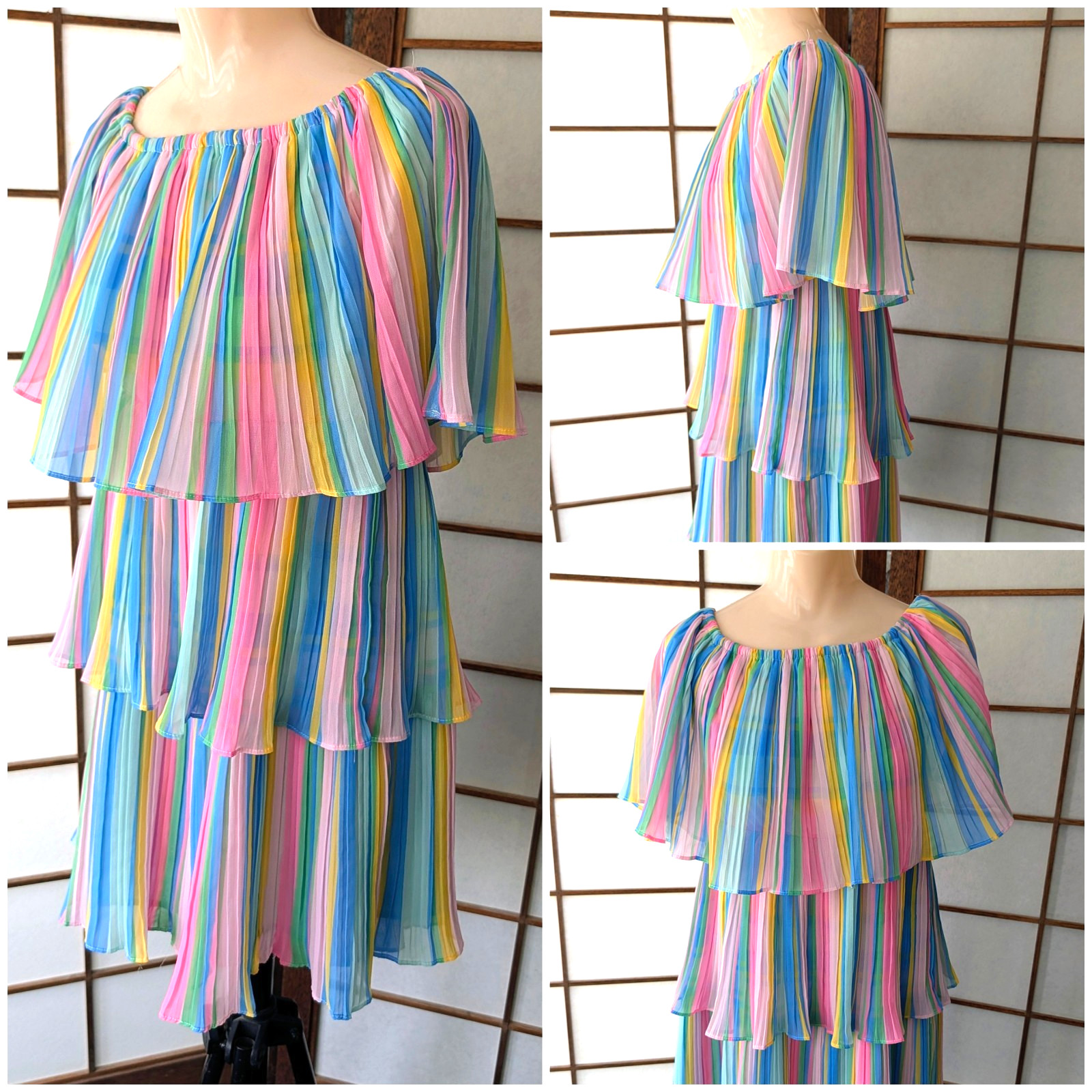Vintage 1980s Three-tiered Pastel Striped Off The Shoulder Ruffle Mini Dress S/M