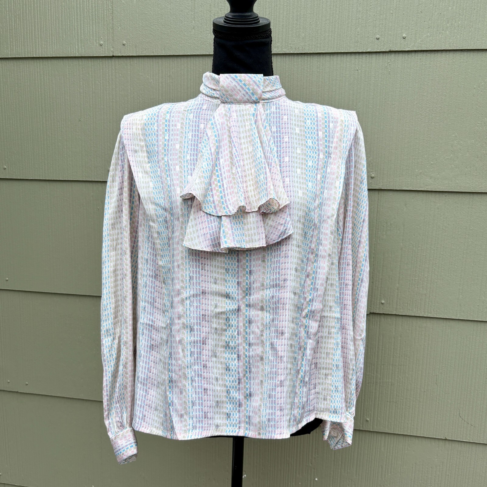 vtg Nicola 70s 80s Pastel Granny Silky Mock Neck Scarf Secretary Poet Blouse