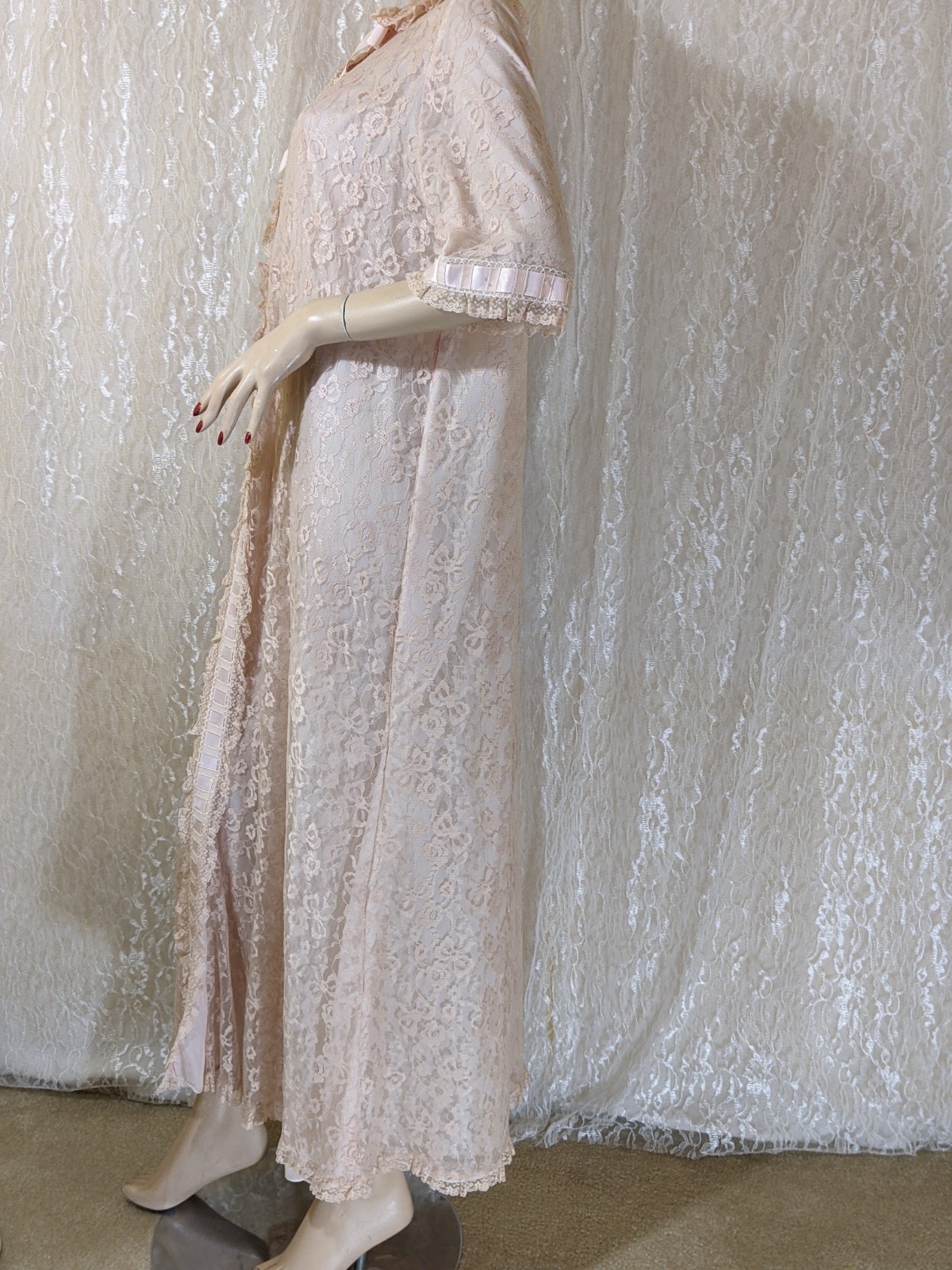 VTG Odette Barsa Lace Overlay Pocket Pink Peter Pan Collar Dressing Gown Robe L