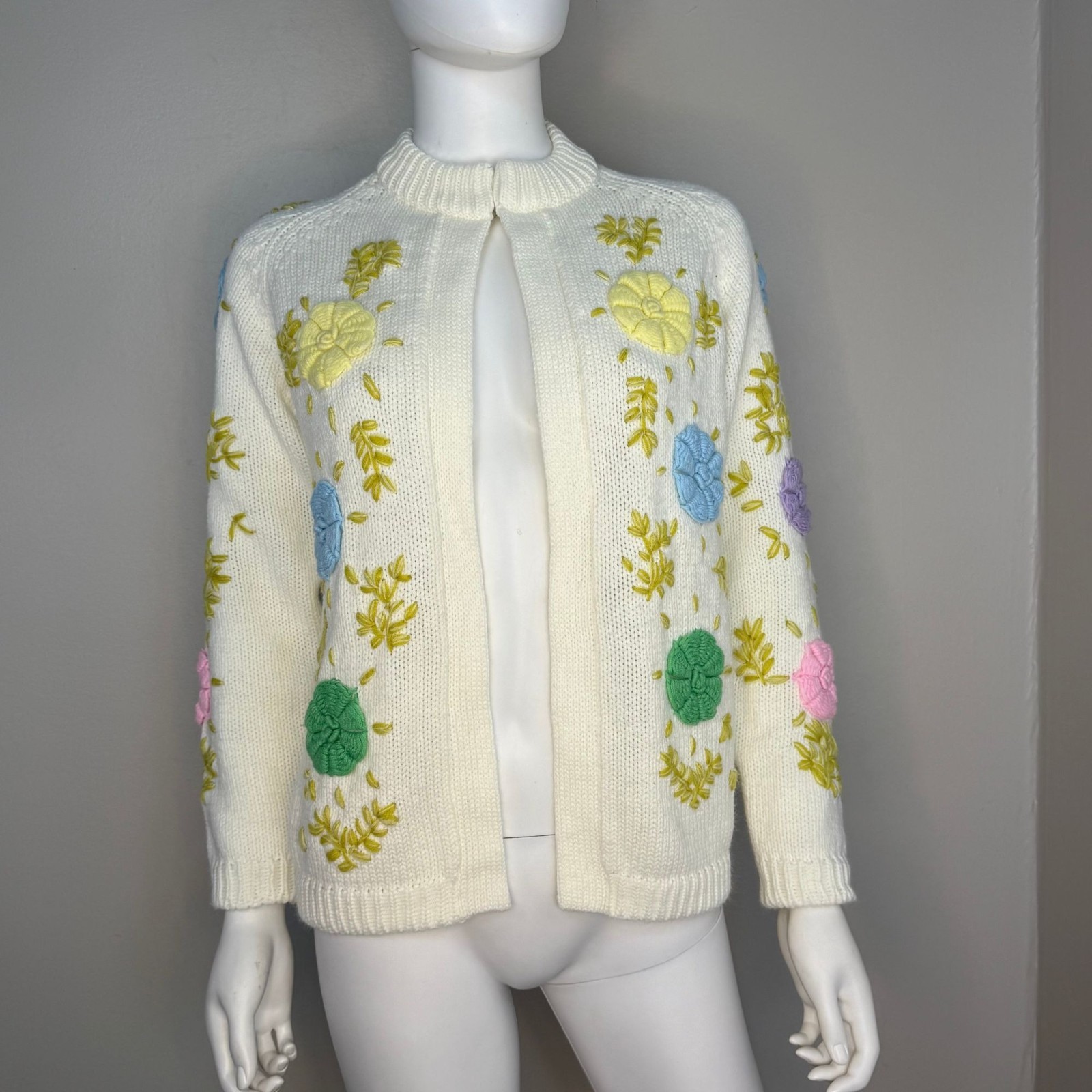 Vintage 1960s 70s Floral Embroidered Cardigan Sweater 60s Glamour Knit Pastel