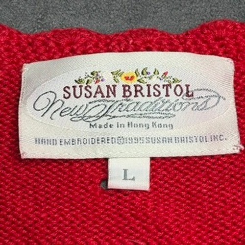 Susan Bristol Cardigan Sweater Womens L Red Hand Embroidered Floral Vintage 90s